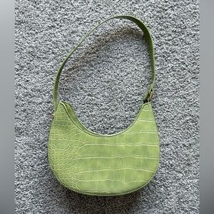 ASOS DESIGN curved shoulder bag in green croc with long strap